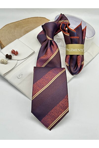 Gutiero Dark Plum Striped Classic Tie with Handkerchief