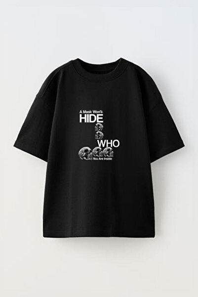 Anetos Tricou oversize negru din bumbac cu imprimeu frontal cu design Craniu