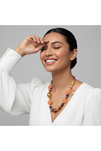 COCOSH TAKI Orange gold burgundy brown beaded special design stylish necklace.