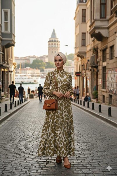 Moodbasic Yaprak Desenli Cupra Keten Elbise - Olive