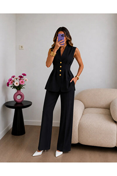 Ekim Store Gold Düğmeli Pileli Yelek Pantolon Blazer Takım