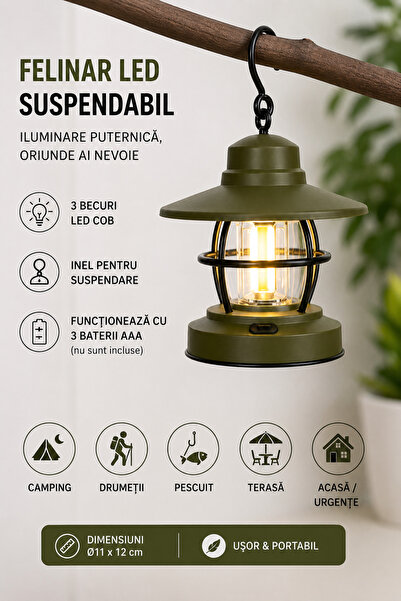 OEM Felinar LED Suspendabil Camping Kaki cu 3 Becuri COB – Lampă Portabilă cu...