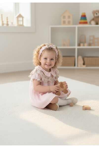 Nio Lua Baby Girl Moon Collar Floral Patterned Cotton Muslin Lined Dress