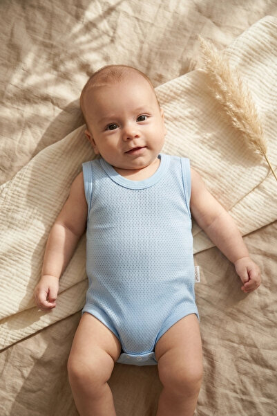 Babydonat Jacquard Breathable Blue 100% Cotton Strappy Baby Bodysuit - Boho S...