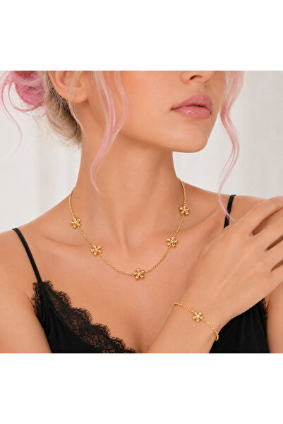 OEM Set colier și brățară cu elemente florale, placate cu aur 18K