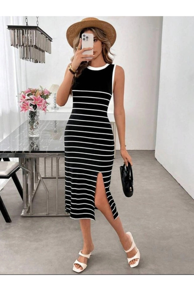 Generic Brand Rochie de damă cu bretele, decolteu rotund, cu dungi, detaliată...