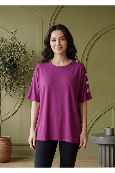 ÇİÇEK BUTİK Dügme detaylı relax fit mor bluz
