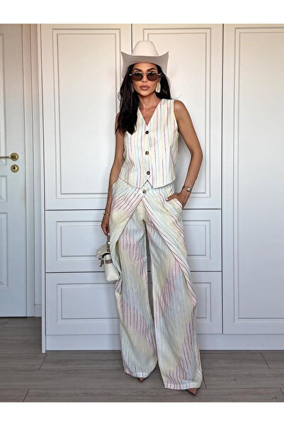 CC STORE Compleu PASTEL MIRAGE, ivoire cu dungi, două piese, vestă și pantaloni