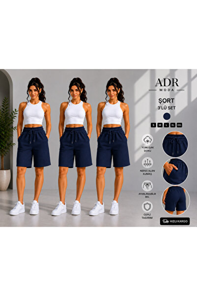 ADR MODA 3’lü Şort Seti Lacivert Rahat Kalıp Günlük Spor Şort İç Göstermeyen