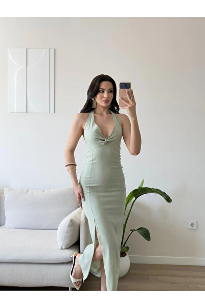 Zoom Butik Boyun Bağlamalı Keten Burgu Elbise - YEŞİL