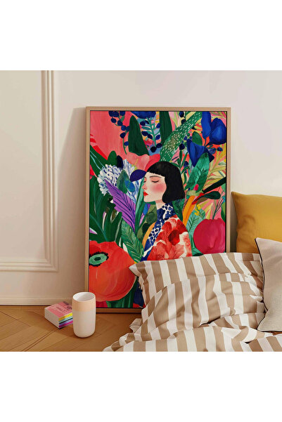 Tuba Decor Tablou într-o singură bucată cu ramă din lemn, floare și femeie în...