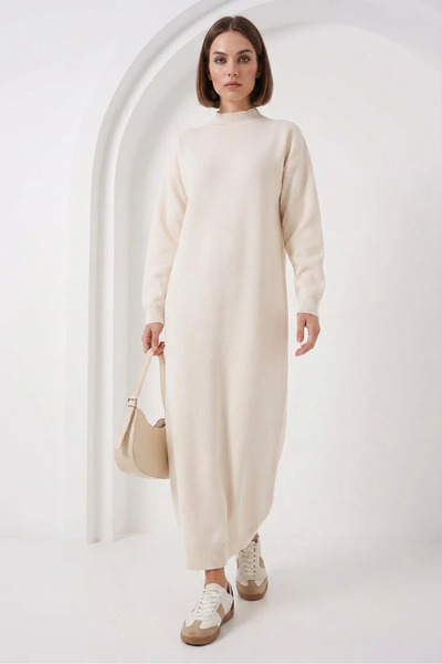 Generic Brand Women's Striped Knitwear Cream Dress