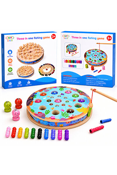 Teno ®   Joc de pescuit din lemn 3-în-1, șah, pești, abilități cognitive și s...