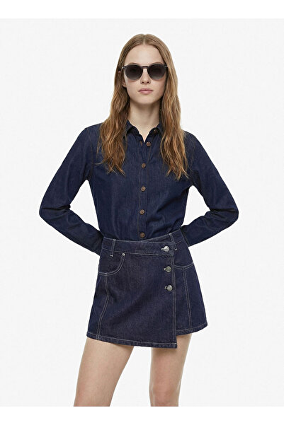 Mustang Lacivert Kadın Yıkamalı Denim Gömlek M6SL-GML1116