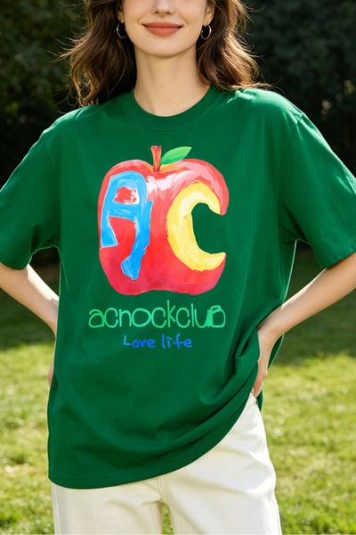 Fleck Womens T Shirts Apple Letter Design Casual Oversized Style Achockclub L...