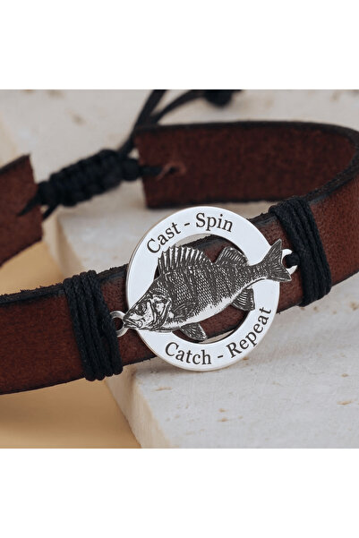 BLACK SWAN Bijoux Bratara piele barbati cu banut Argint si Biban Gravat - Cad...