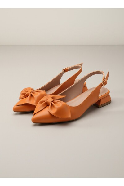 Brave Casual, Ballet Flats, Orange Leather, with Bow, Open Back, Full Fit