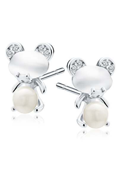 PrimaDonna Teddy Bear Earrings for Girls in Rhodium-Plated 925 Silver with Pe...