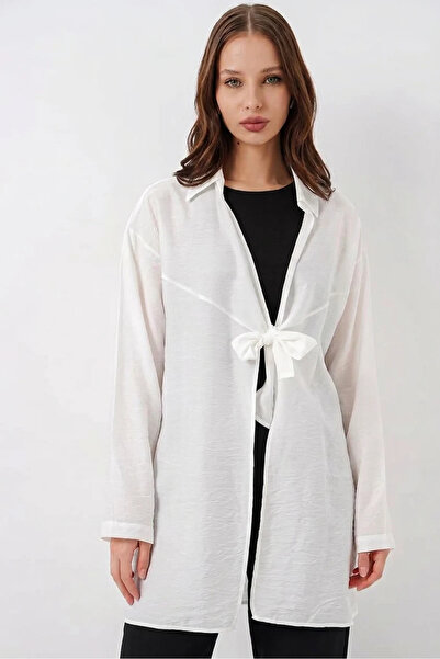 Generic Brand Women's Shirt Collar Lace-Up Viscose White Kimono