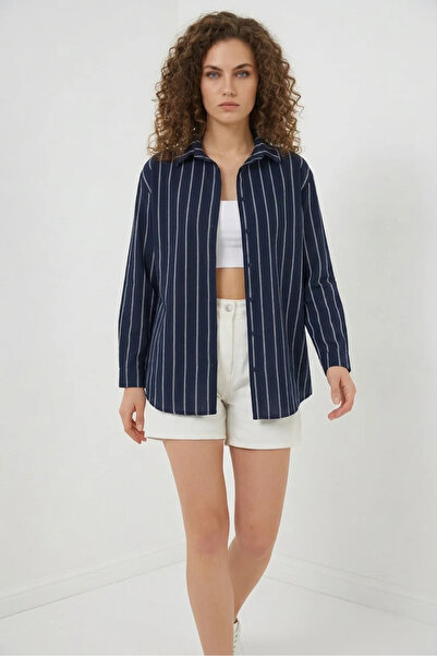 Efnaz style Women's Oversize Striped Viscose Navy Blue Shirt