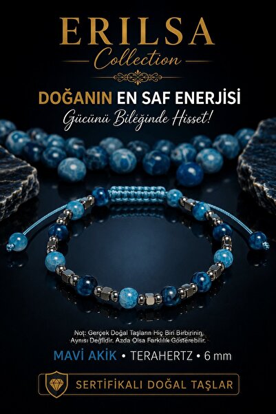 Erilsa SERTİFİKALI Mavi Akik Terahertz Doğal Taş Bileklik 6 mm Ayarlanabilir ...