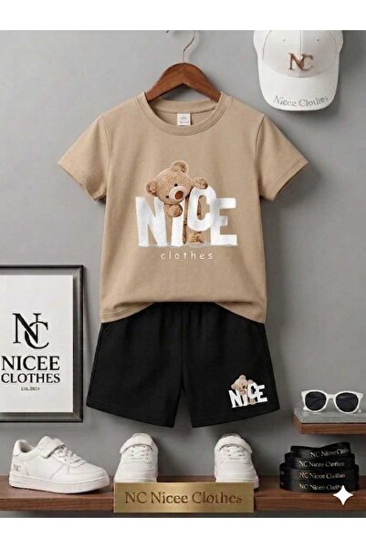 NC Nicee Clothes Summer Children's T-Shirt Shorts Unisex (White Nicee Bear Pr...