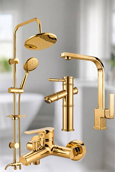 Fulcie RocciArmatur 4’lü Batarya Seti Gold Altın Pirinç Banyo Bambu Lavabo Ka...