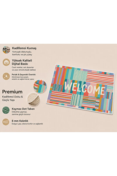 Artvibe Renkli Welcome Yazılı Kaymaz Taban Dekoratif Paspas Kadifemsi Dokulu Modern Kapı Önü Paspası