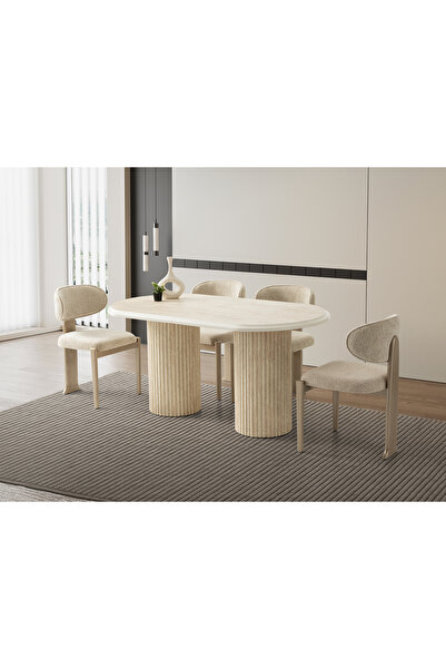 Viento Mobilya Stella Traverten Desen MDF Açılır 160X90 Masa 6 Adet Venedik C...
