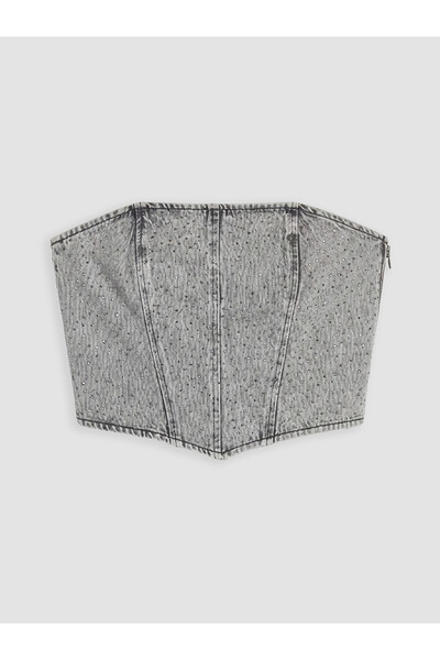 LC Waikiki Nevavm Strapless Neckline Stoned Crop Jean Blouse with a Difference