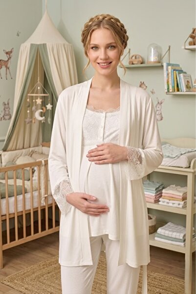 Pelin Women's Ecru Lace 3-Piece Special Design Maternity Pajama Set with Dres...