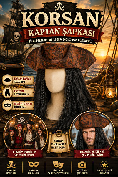 Tamsena Store Korsan Kaptan Şapkası Siyah Peruklu Korsan Şapkası Kostüm Parti...