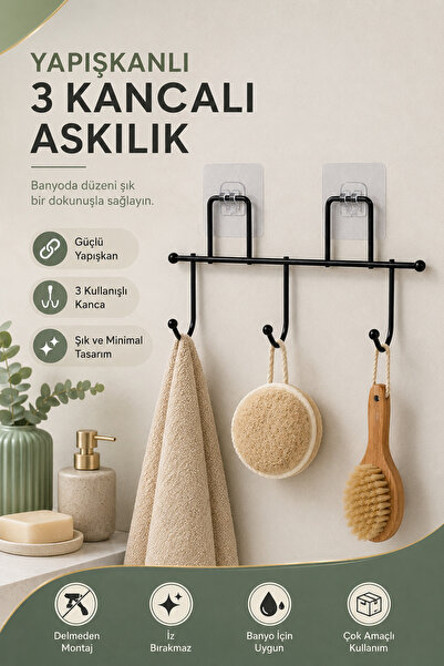 KaktüsKedi Yapışkanlı 3 Kancalı Banyo Askısı - Siyah Metal Duvar Askısı Banyo...
