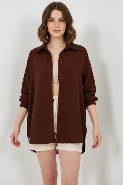Efnaz style Women's Oversize Cut Cotton Brown Shirt