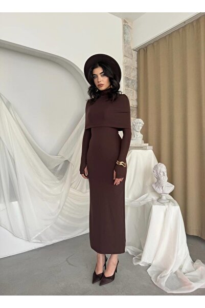 Caddebostan Moda Turtleneck Cape Detailed Long Dress Stylish Evening Dress