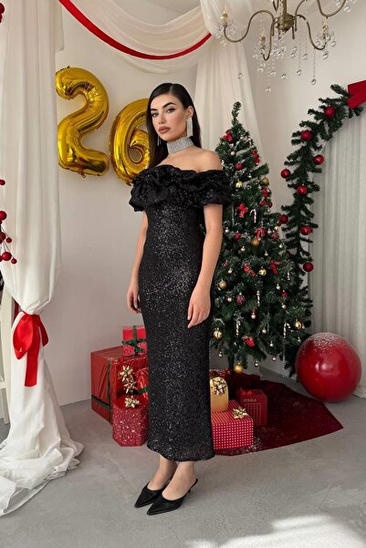 Caddebostan Moda Women's Strapless Neckline Flounce Sequined Evening Dress Mi...