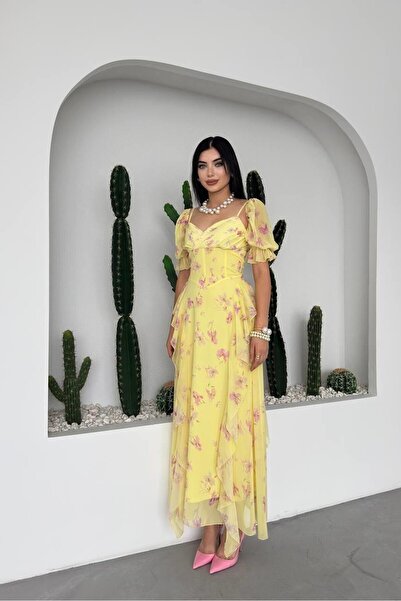 Caddebostan Moda Floral Patterned Strappy Ruffled Chiffon Midi Dress