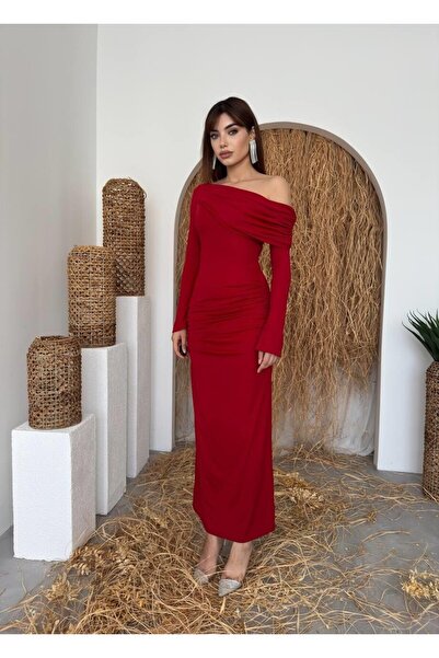 Caddebostan Moda Flowy Detailed Long Sleeve Maxi Evening Dress Strapless Neck...