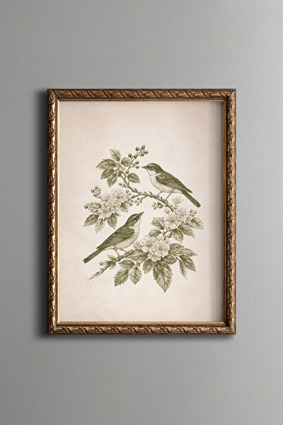 epiqart Two Birds on Flower Branches - Vintage Patterned Frame - Slim Model