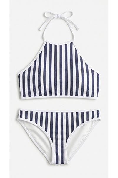 Zi Beyaz Varsiti Boyundan Bağlı Halter Bikini Takımı