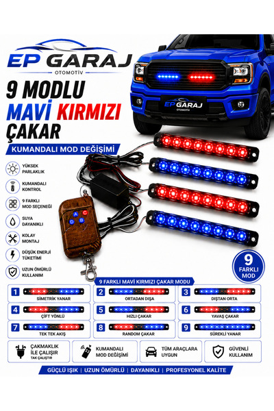 EP GARAJ OTOMOTİV ÜNİVERSAL BÜTÜN ARAÇLARA UYUMLU 9 MODLU MAVİ KIRMIZI ÇAKAR ...