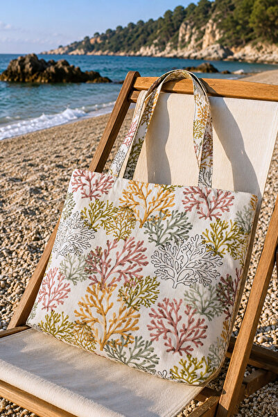 Elegancembroidery Mercan Desenli Kadın Omuz Çantası Tote Bag Plaj Çantası Gün...