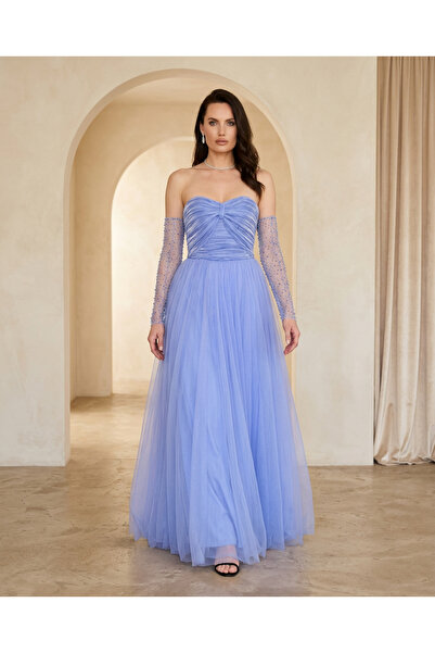 NO BRAND Vrn-Drs-013 |   Luxury Sky Blue Tulle Evening Dress