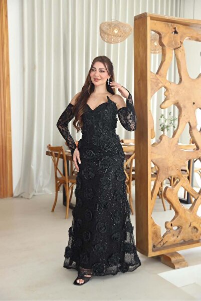Nice Model فستان سهرة أسود كورسيه شك مع أكمام منفصلة ورود بارزة