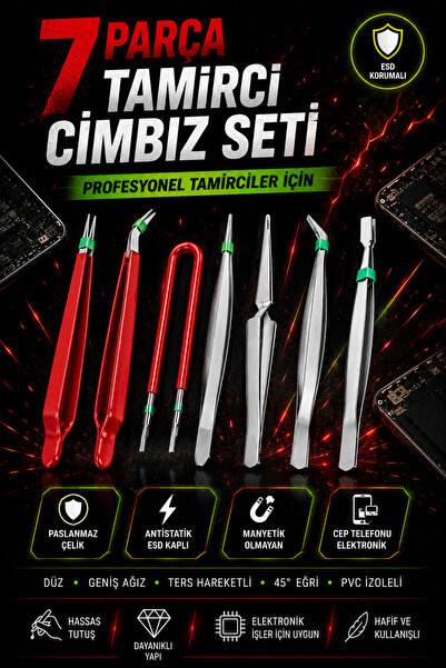 Zephoo 7'li Hassas Cımbız Seti ESD Antistatik Paslanmaz Çelik Elektronik Tami...
