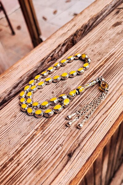 Vip Kehribar 8X10 mm Yellow Enameled Alpaca Prayer Beads