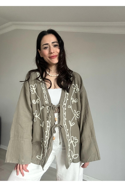 Modapina Çiçek Desen Müslin Kimono Yeşil