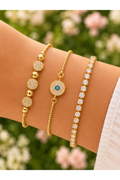 Merand Women's 3-Piece Gold Color Zircon Stone Bracelet Set with Evil Eye Bea...