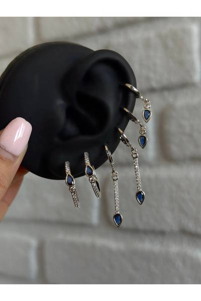 h&b design jewel Çelik Silver Lacivert Çubuk Detay 6 Lı Küpe Seti