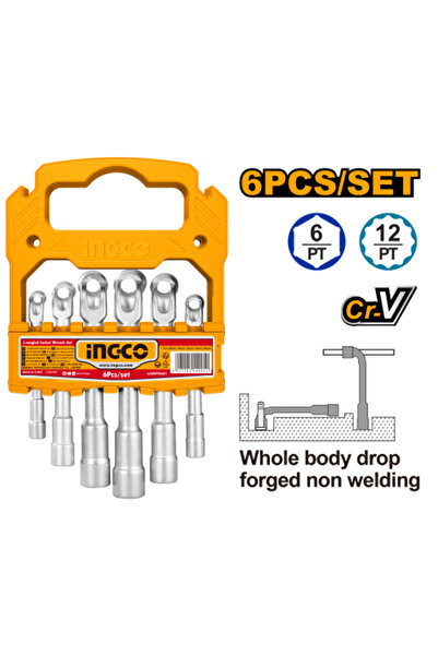 Ingco 6Pcs L-angled socket wrench 7-14mm